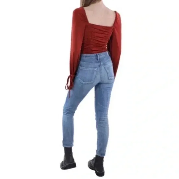Free People Ruched Long Sleeve Bodysuit Cherry Chai Bottom Snap Closure Small - Picture 4 of 13